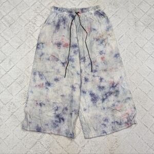 Cynthia Ashby Pants Womens L Blue Watercolor Linen Wide Leg Crop Boho